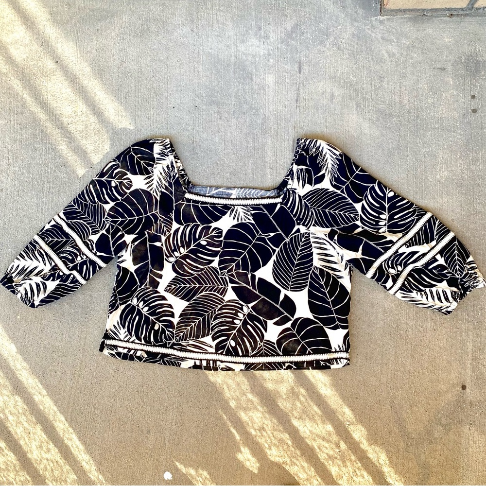 Cynthia Rowley Square Neck Top Puff Sleeves Flax Linen Monstera Print Size Large